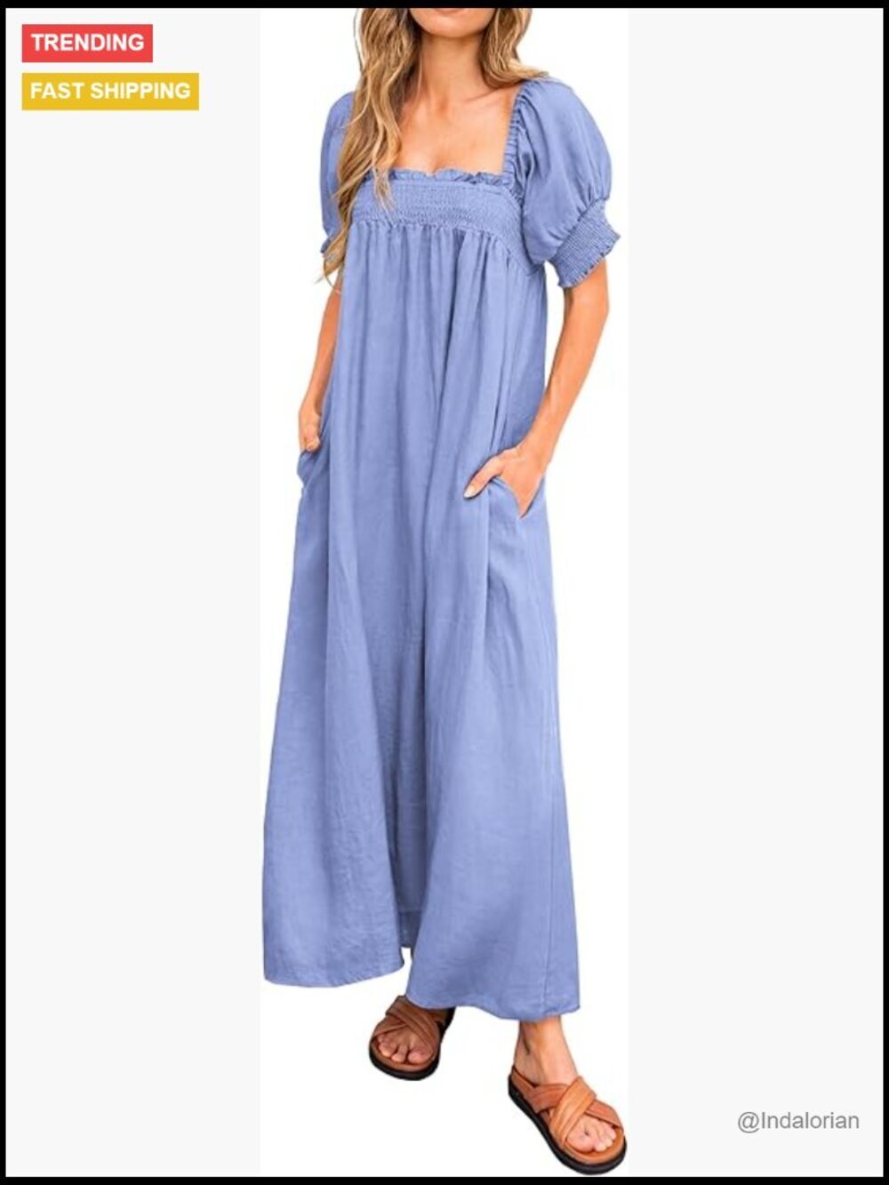 Square Neck Maxi Dress with Pockets Puff Sleeve Maternity Flowy